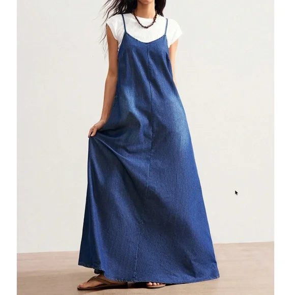 Dark Wash Adjustable Straps Pockets Denim Jean Maxi Cami Dress - Picture 3 of 4